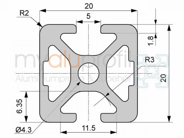 Aluminiumprofil 20x20 Nut 5 I-Typ 2N180°